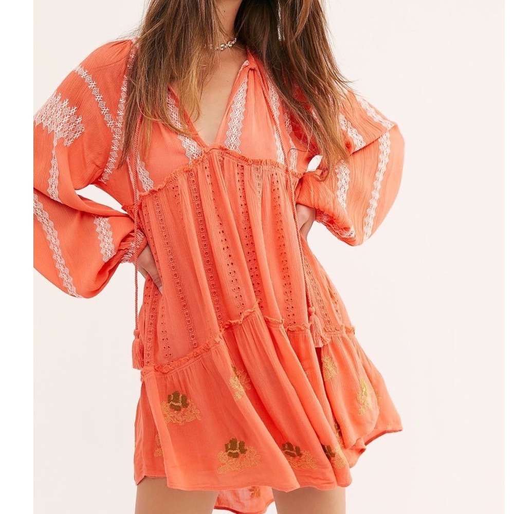 Free People Embroidered Eyelet Boho Blouse Large Coral Orange Tassel Festival